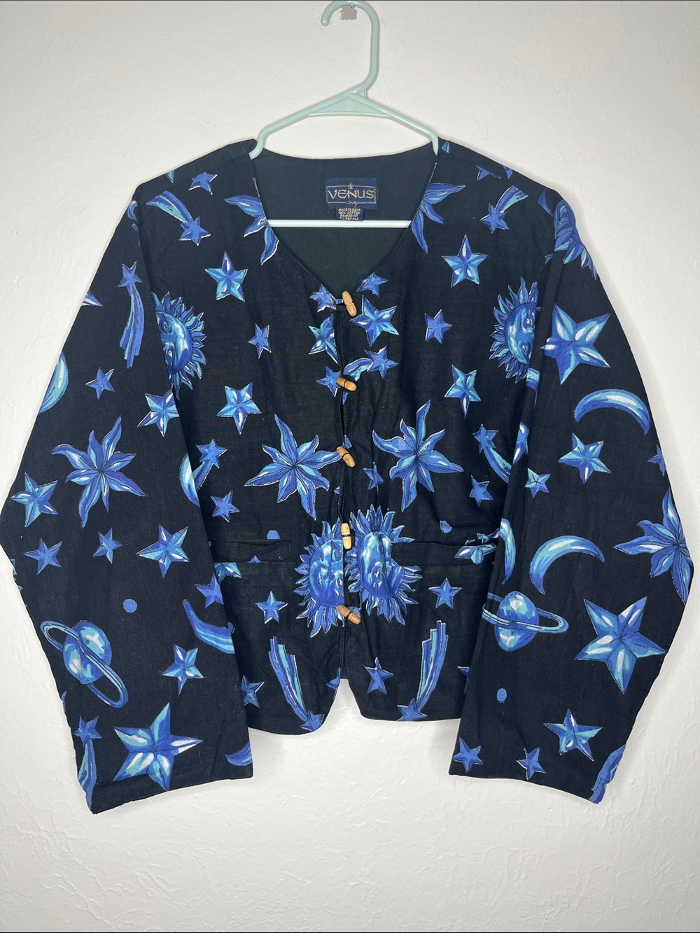 Vintage Venus Imports Black Cotton Jacket Blue Celestial Print Boho Art to Wear